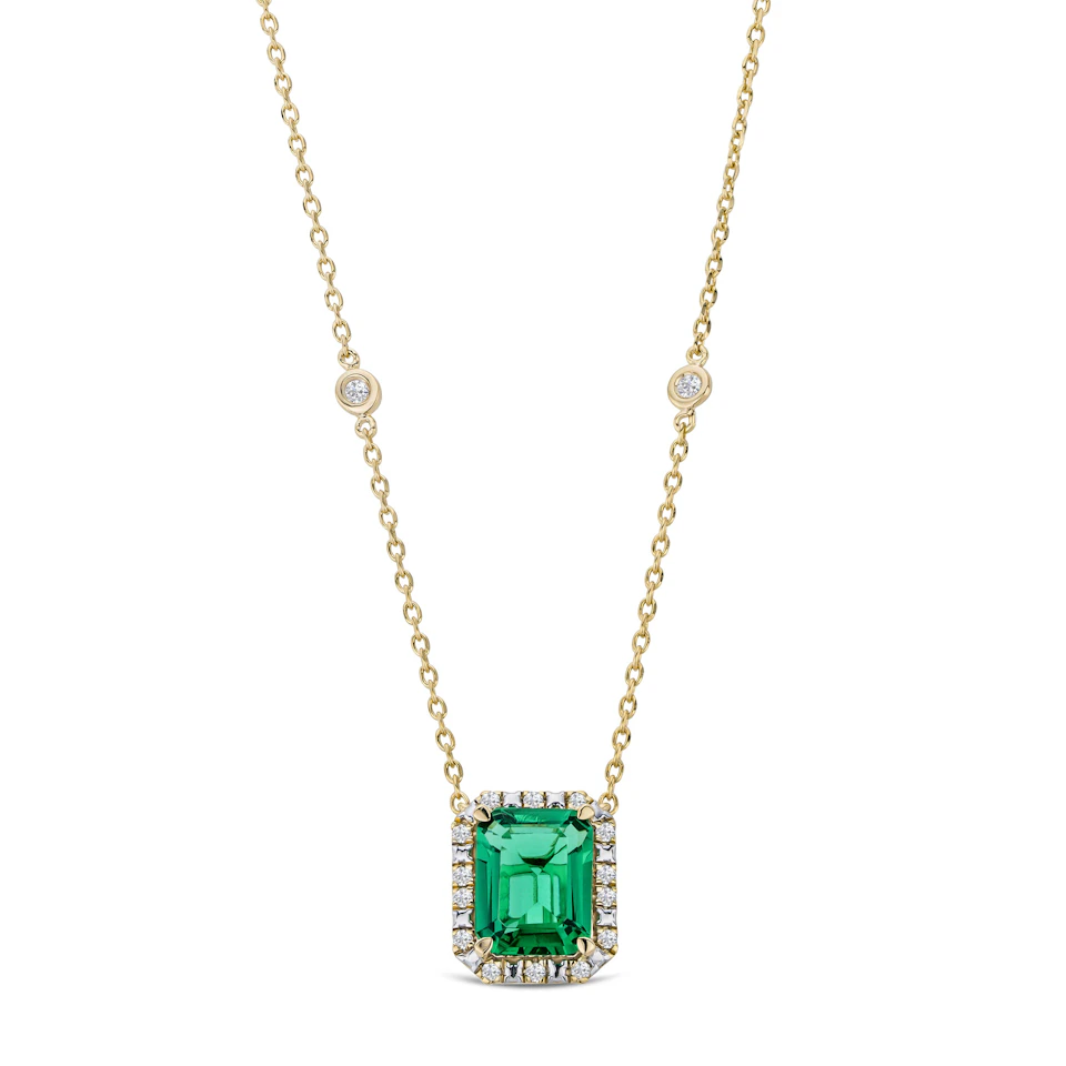 Astra 1.50ct Lab Emerald and Diamond Halo Octagon Cut Necklace in 18K Gold Vermeil