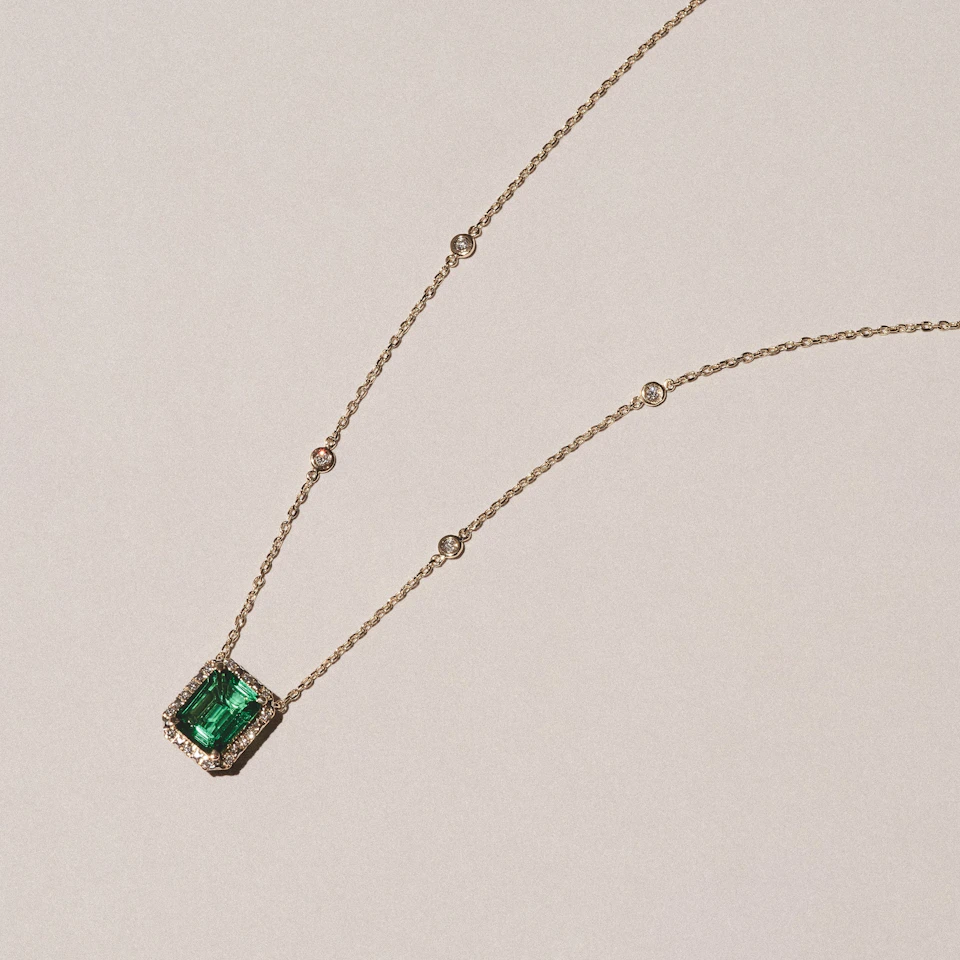 Astra 1.50ct Lab Emerald and Diamond Halo Octagon Cut Necklace in 18K Gold Vermeil