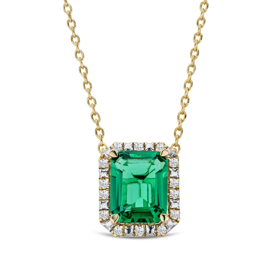 Astra 1.50ct Lab Emerald and Diamond Halo Octagon Cut Necklace in 18K Gold Vermeil