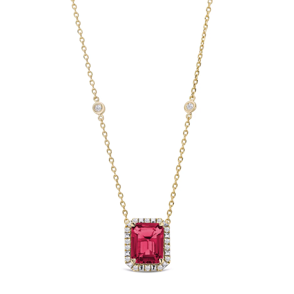 Astra 1.80ct Lab Ruby and Diamond Halo Octagon Cut Necklace in 18K Gold Vermeil