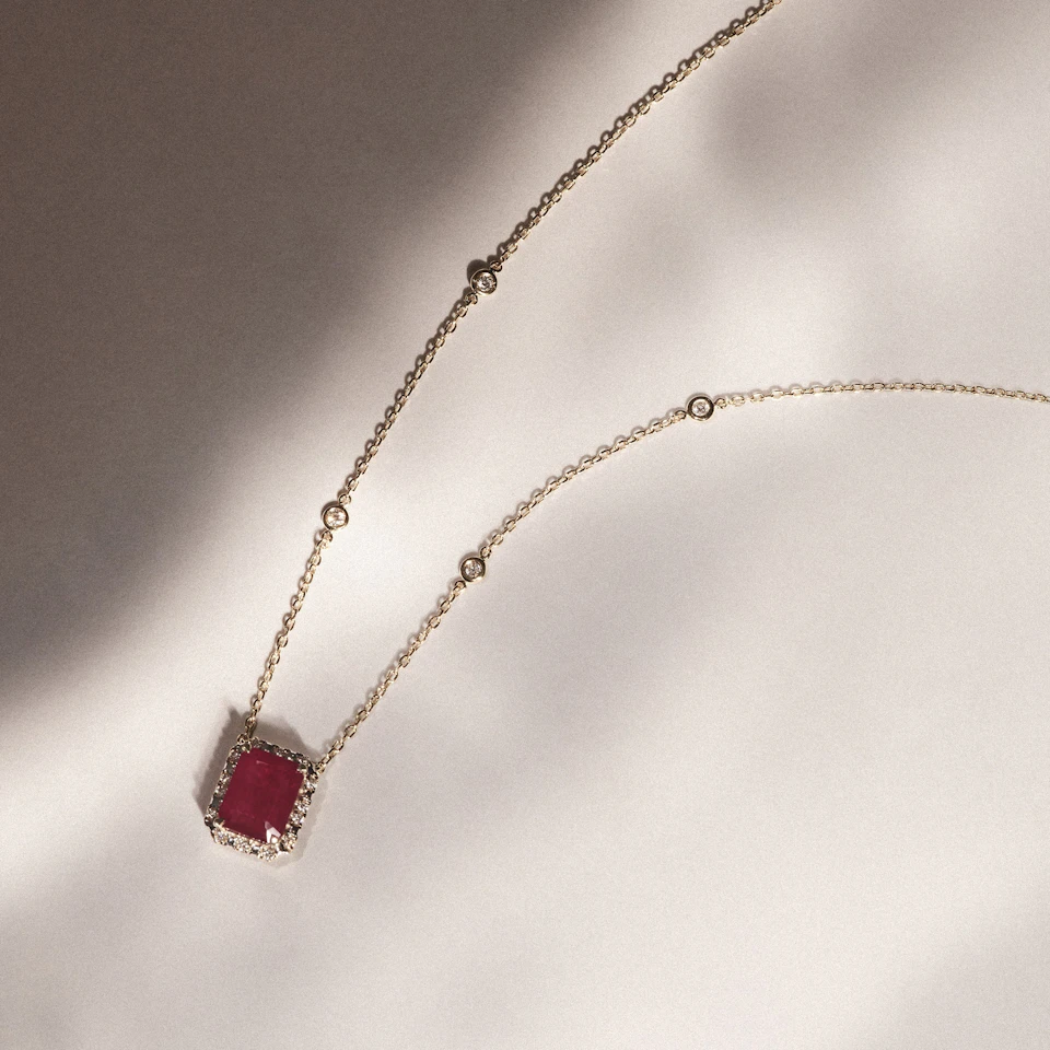 Astra 1.80ct Lab Ruby and Diamond Halo Octagon Cut Necklace in 18K Gold Vermeil