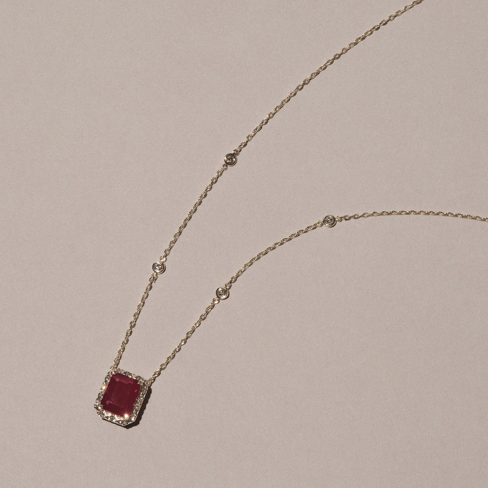 Astra 1.80ct Lab Ruby and Diamond Halo Octagon Cut Necklace in 18K Gold Vermeil