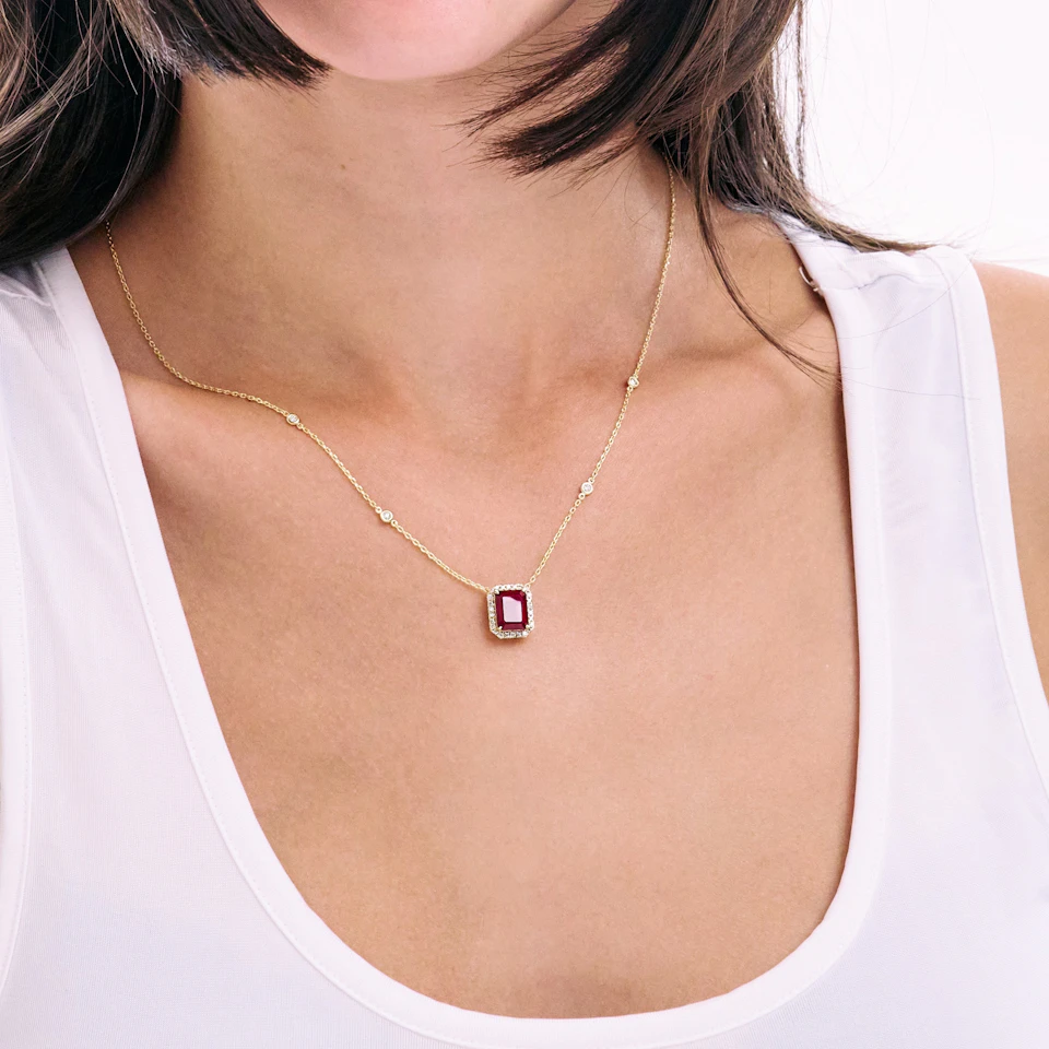 Astra 1.80ct Lab Ruby and Diamond Halo Octagon Cut Necklace in 18K Gold Vermeil
