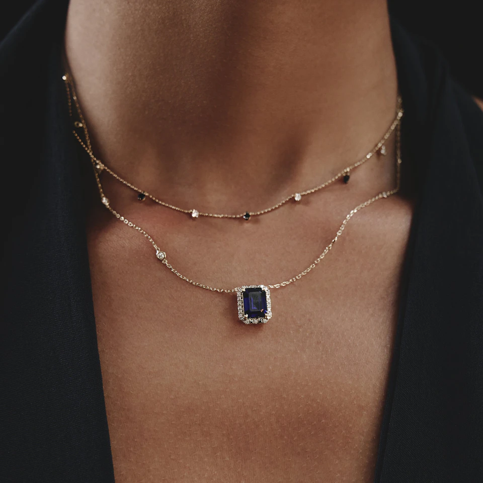 Astra 2.00ct Lab Sapphire and Diamond Halo Octagon Cut Necklace in 18K Gold Vermeil