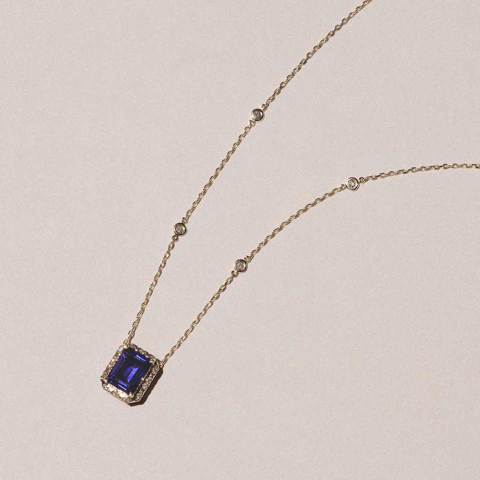 Astra 2.00ct Lab Sapphire and Diamond Halo Octagon Cut Necklace in 18K Gold Vermeil
