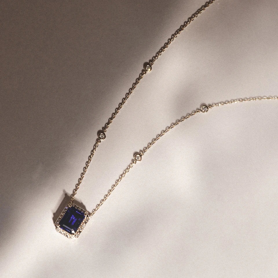 Astra 2.00ct Lab Sapphire and Diamond Halo Octagon Cut Necklace in 18K Gold Vermeil