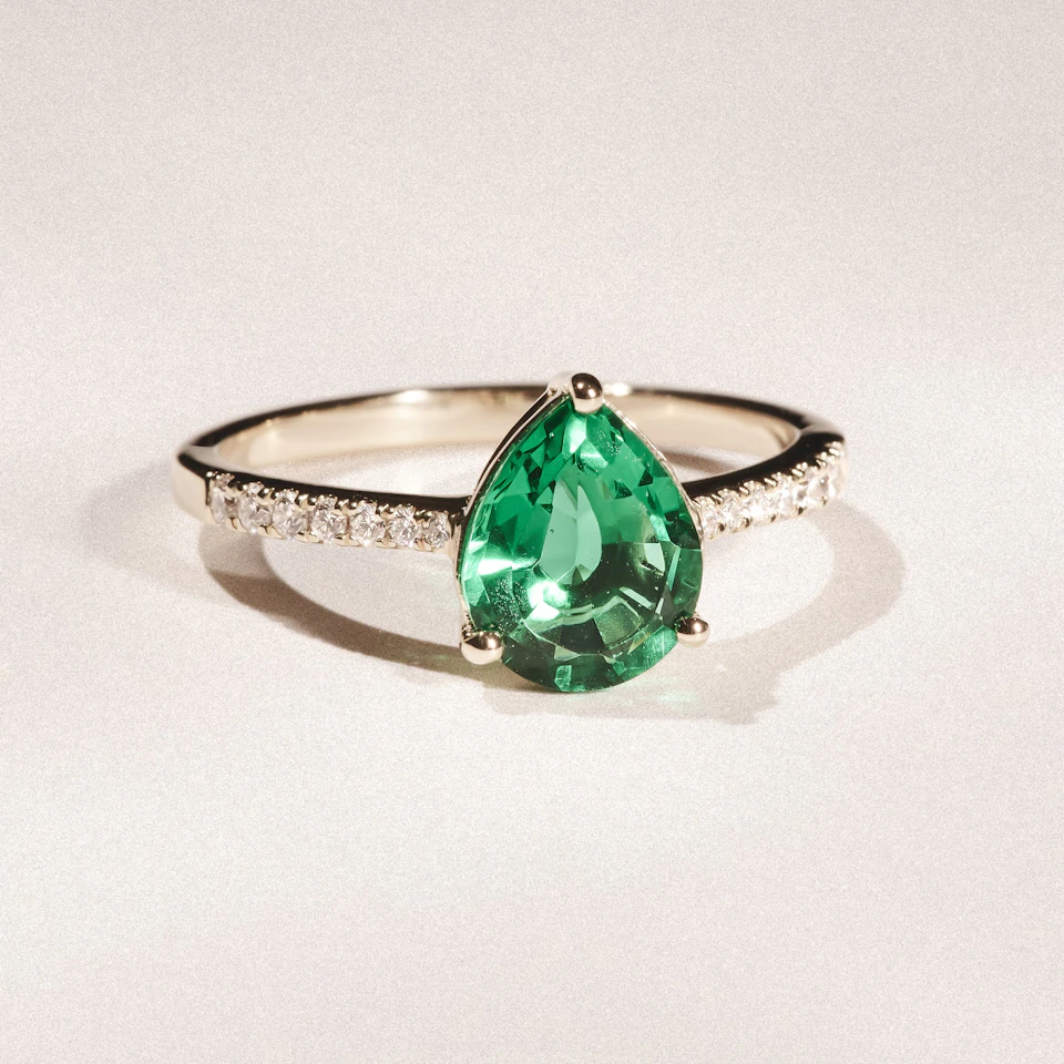 Astra 2.30ct Lab Emerald and Diamond Shoulder Set Pear Cut Ring in 18K Gold Vermeil