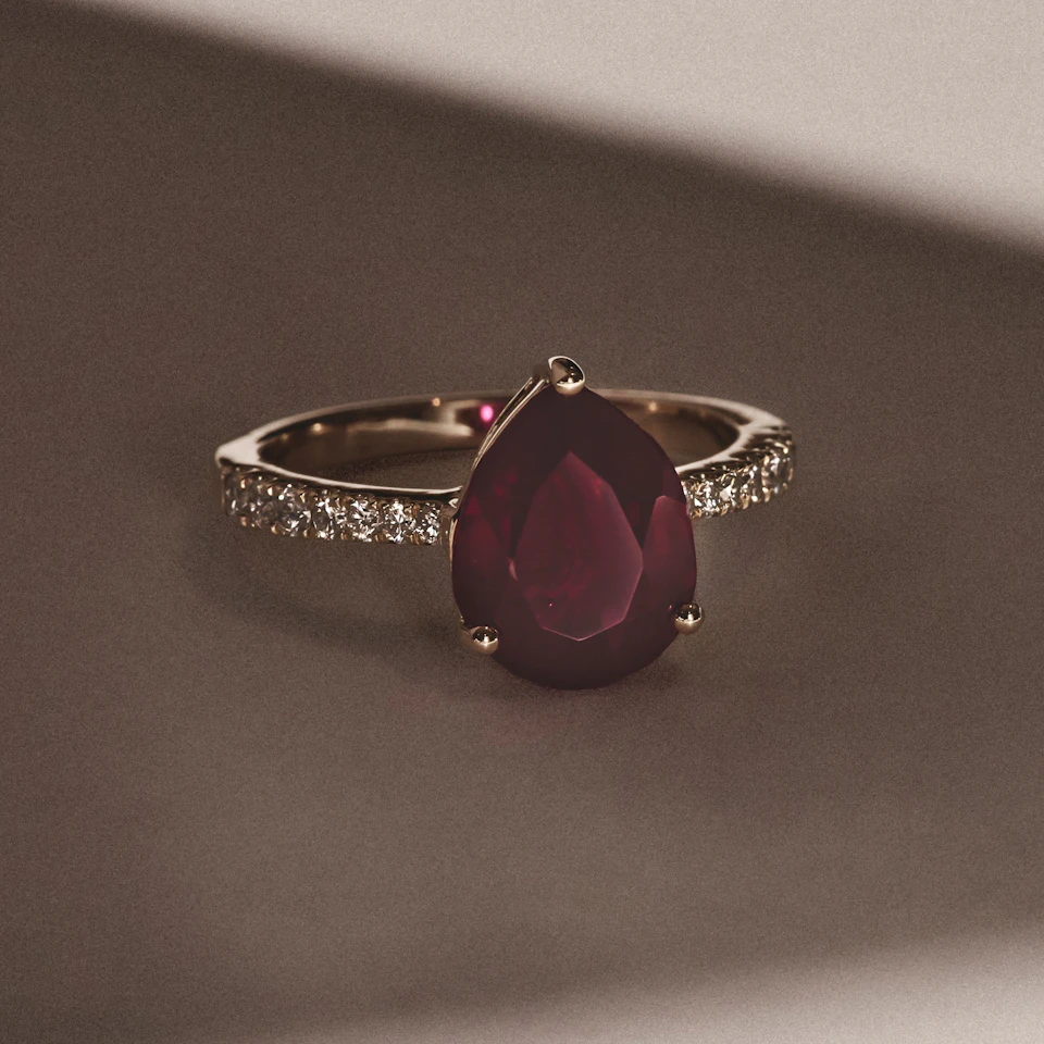 Astra 3.50ct Lab Ruby and Diamond Shoulder Set Pear Cut Ring in 18K Gold Vermeil