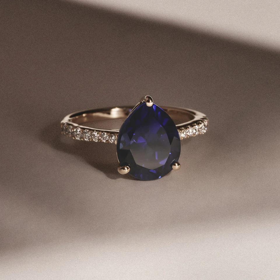 Astra 3.10ct Lab Sapphire and Diamond Shoulder Set Pear Cut Ring in 18K Gold Vermeil