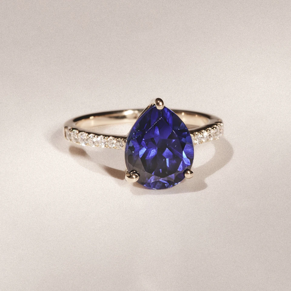 Astra 3.10ct Lab Sapphire and Diamond Shoulder Set Pear Cut Ring in 18K Gold Vermeil