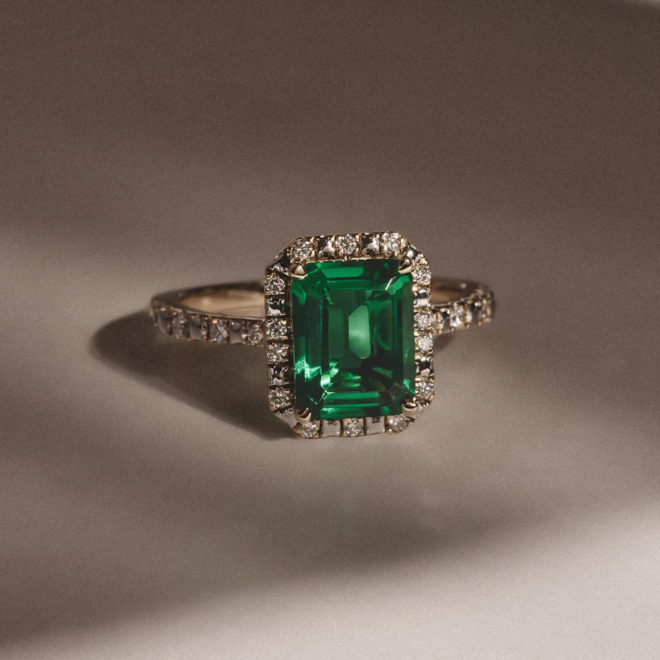 Astra 1.50ct Lab Emerald and Diamond Halo Shoulder Set Octagon Cut Ring in 18K Gold Vermeil