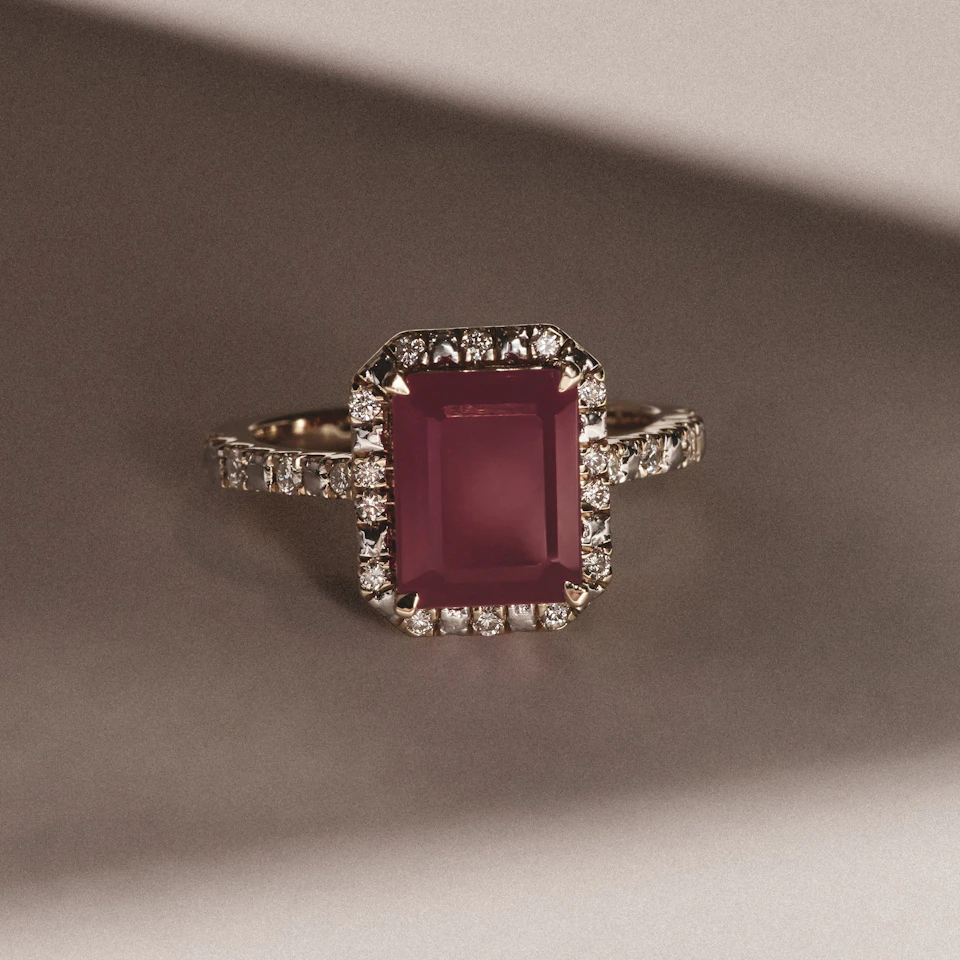 Astra 1.90ct Lab Ruby and Diamond Halo Shoulder Set Octagon Cut Ring in 18K Gold Vermeil