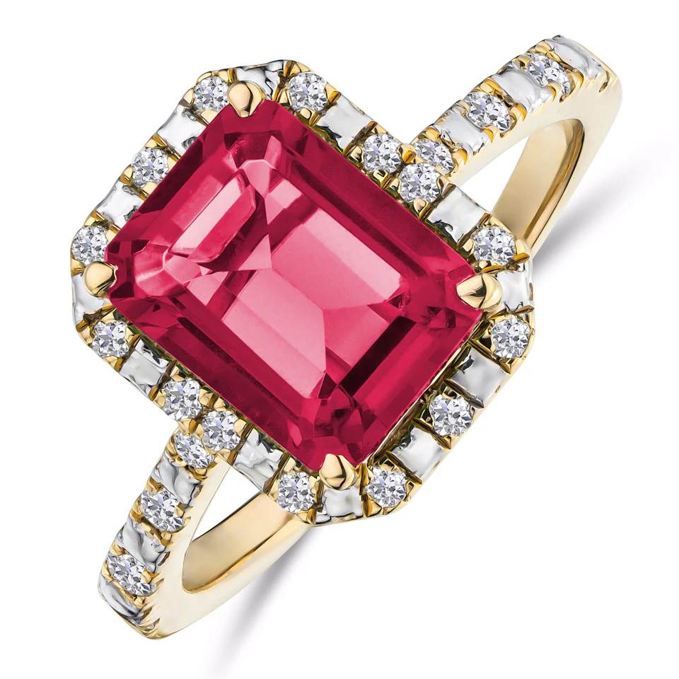 Astra 1.90ct Lab Ruby and Diamond Halo Shoulder Set Octagon Cut Ring in 18K Gold Vermeil