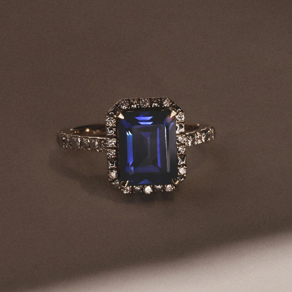 Astra 1.90ct Lab Sapphire Halo Shoulder Set Octagon Cut Ring in 18K Gold Vermeil