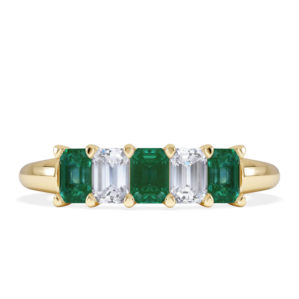 Solene 0.75ct Emerald Cut Lab Emerald and Lab Diamond Half Eternity Ring in 18K Yellow Gold