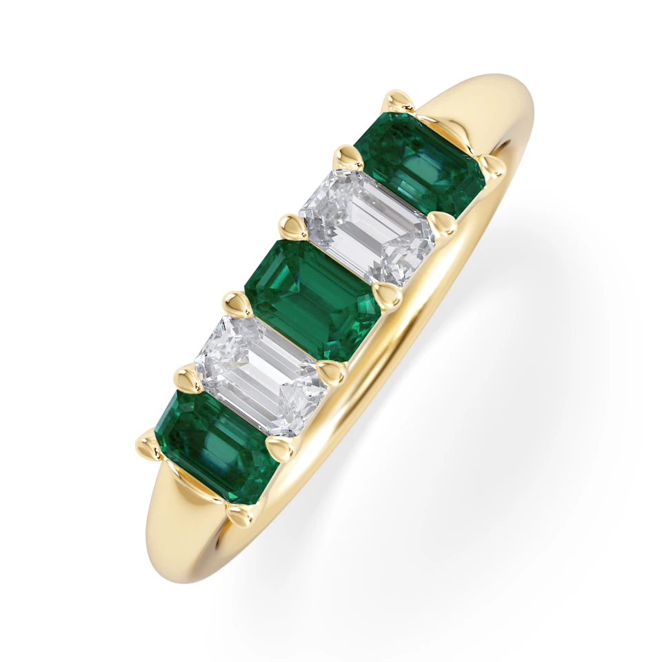 Solene 0.75ct Emerald Cut Lab Emerald and Lab Diamond Half Eternity Ring in 18K Yellow Gold