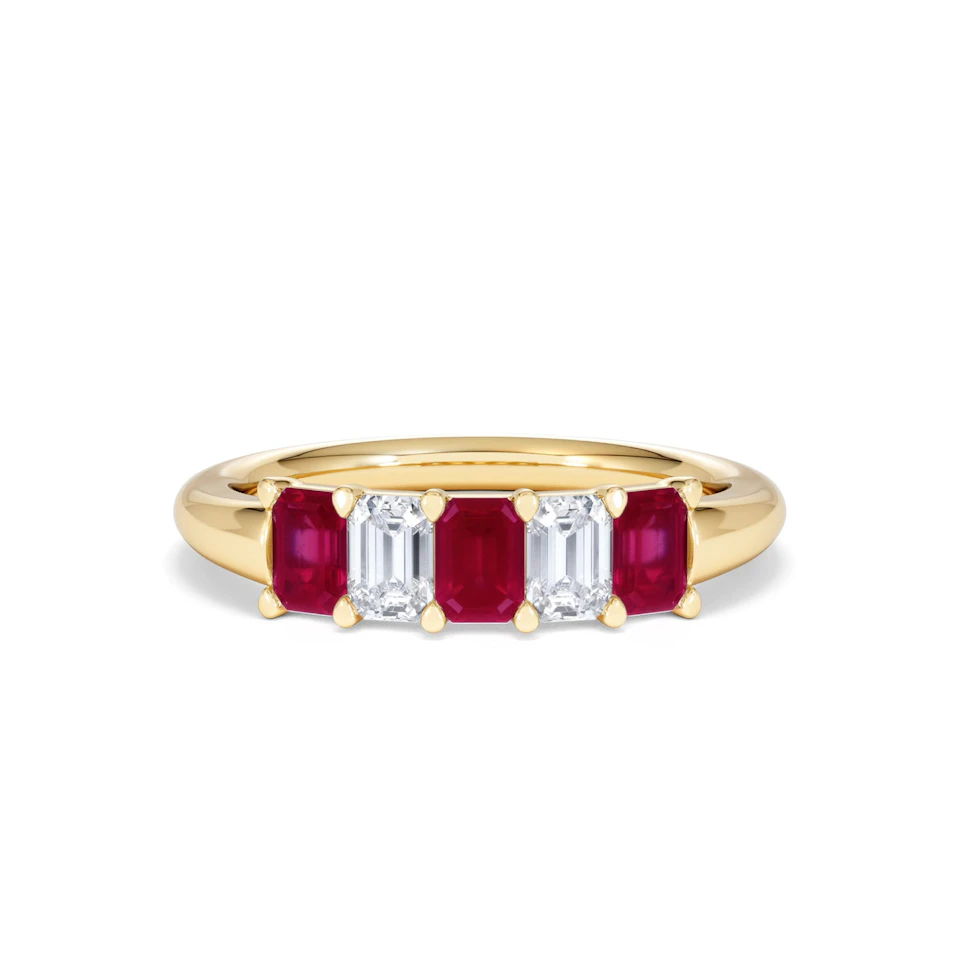 Solene 0.75ct Emerald Cut Lab Ruby and Lab Diamond Half Eternity Ring in 18K Yellow Gold