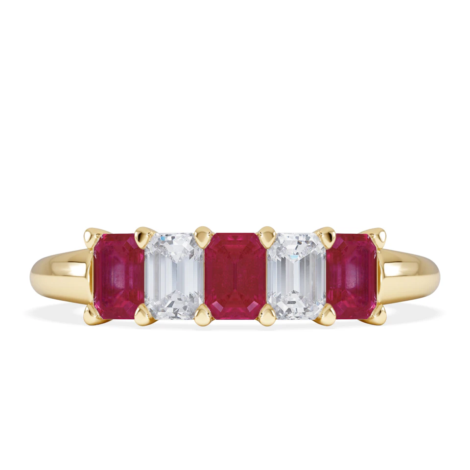 Solene 0.75ct Emerald Cut Lab Ruby and Lab Diamond Half Eternity Ring in 18K Yellow Gold