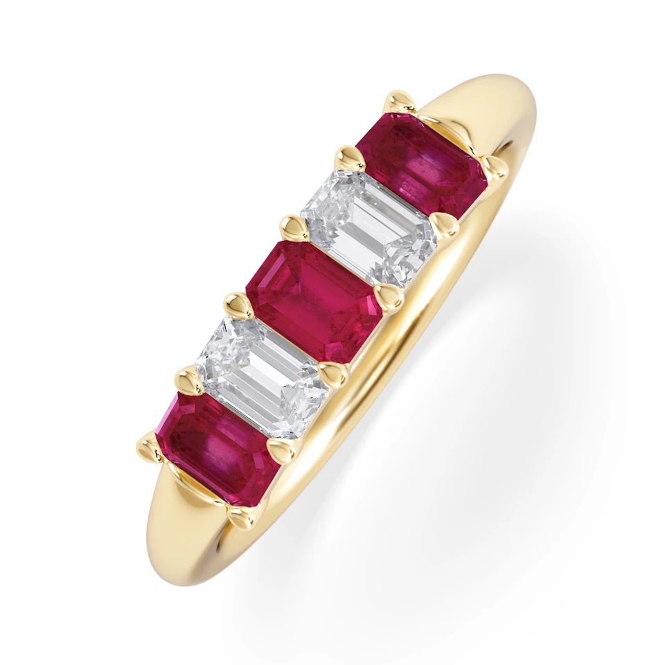 Solene 0.75ct Emerald Cut Lab Ruby and Lab Diamond Half Eternity Ring in 18K Yellow Gold