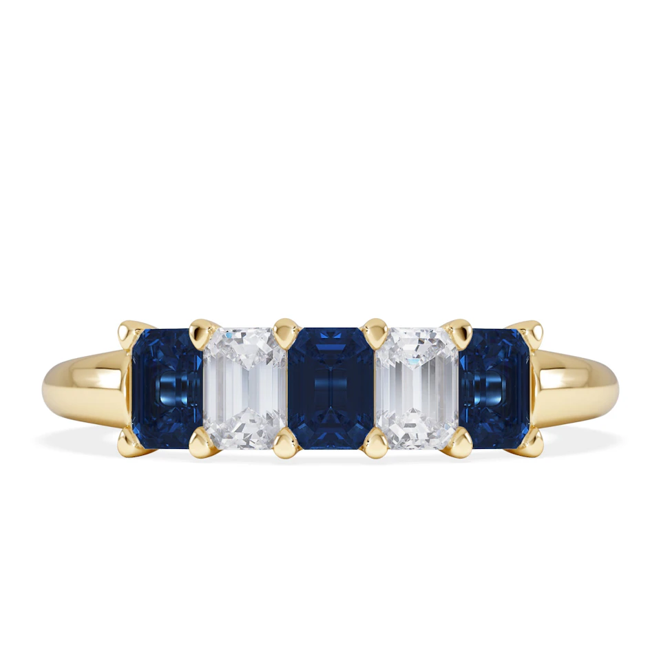 Solene 0.75ct Emerald Cut Lab Sapphire and Lab Diamond Half Band Eternity Ring in 18K Yellow Gold
