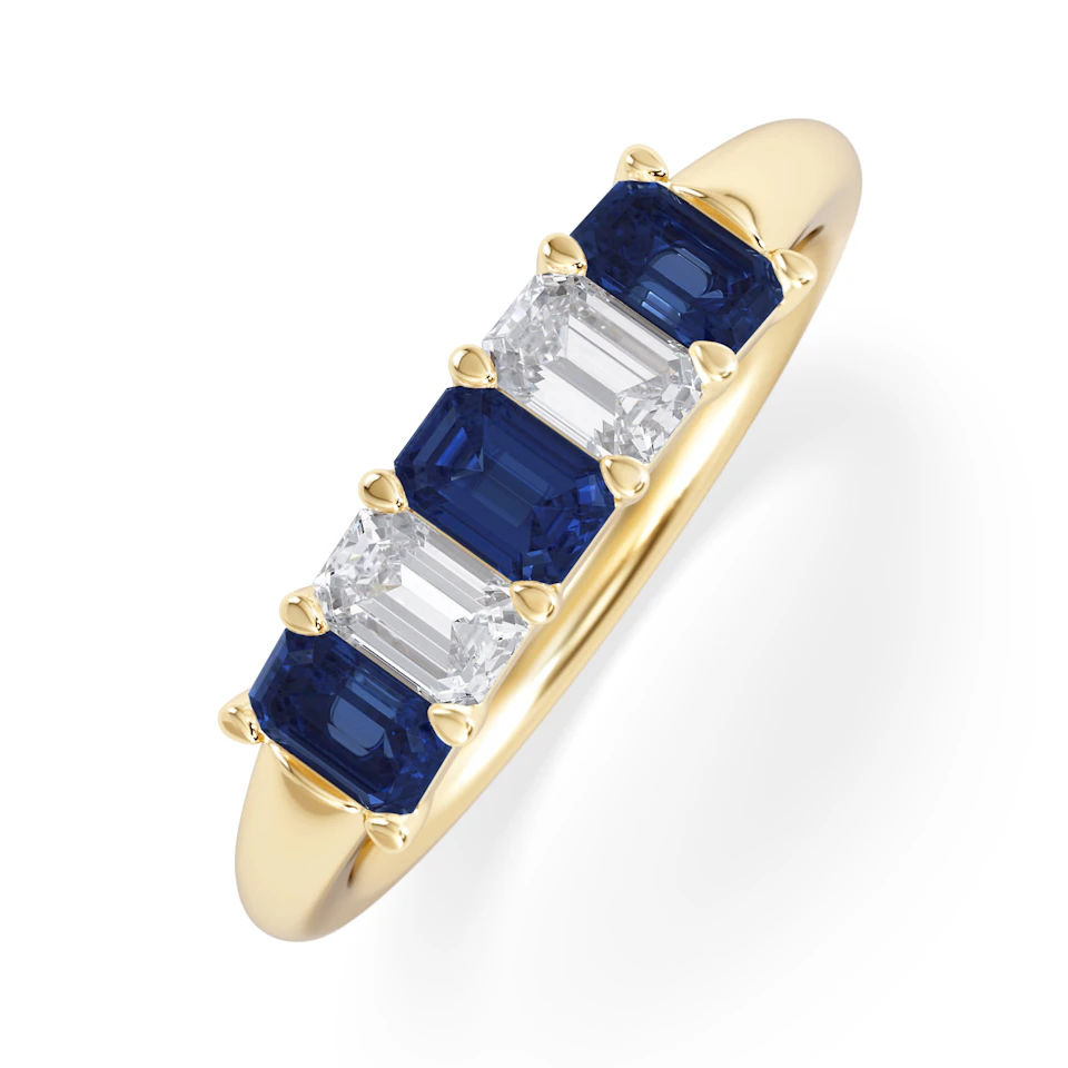 Solene 0.75ct Emerald Cut Lab Sapphire and Lab Diamond Half Band Eternity Ring in 18K Yellow Gold