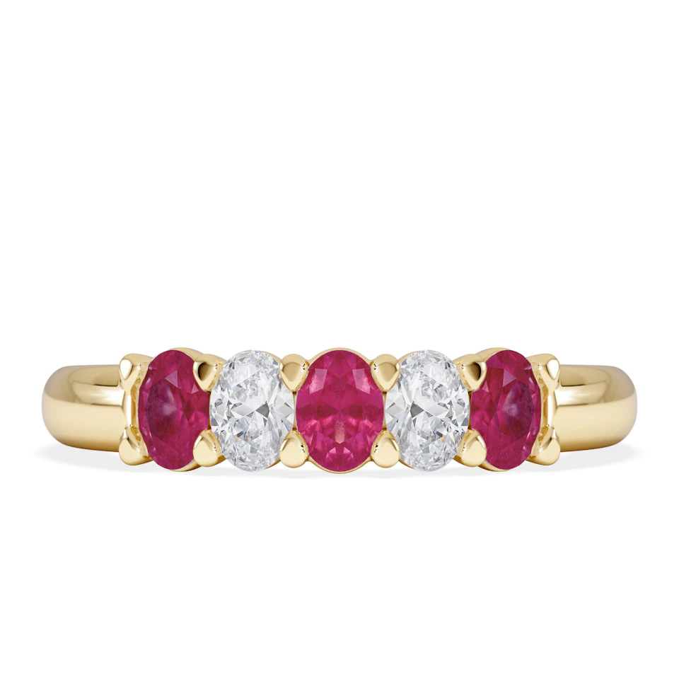 Solene 0.75ct Oval Cut Lab Ruby and Lab Diamond Half Band Eternity Ring in 18K Yellow Gold