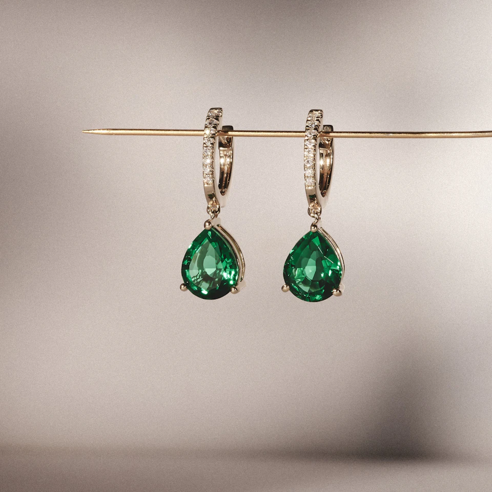 Astra 4.60ct Lab Emerald and Diamond Drop Pear Cut Earrings in 18K Gold Vermeil