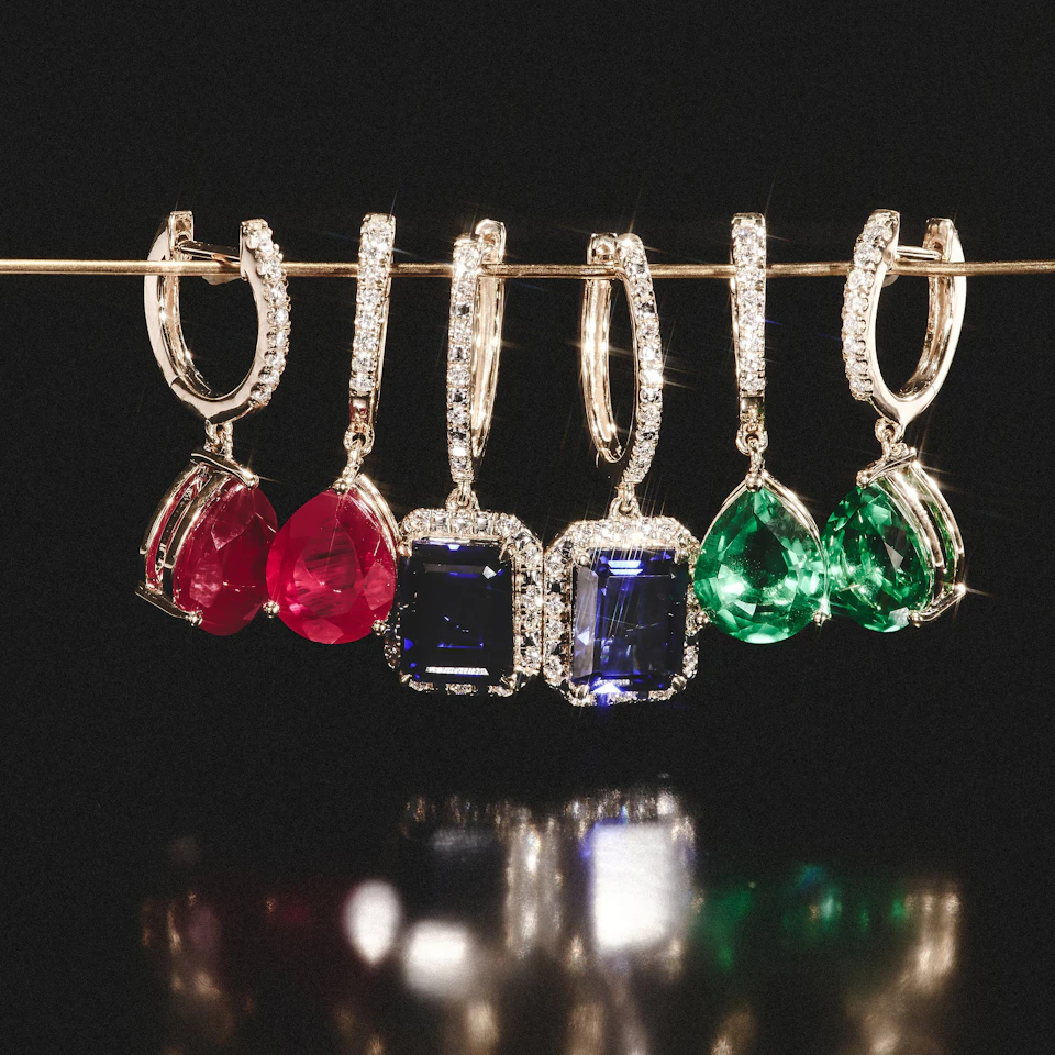 Astra 6.80ct Lab Ruby and Diamond Drop Pear Cut Earrings in 18K Gold Vermeil