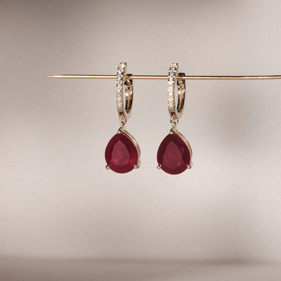 Astra 6.80ct Lab Ruby and Diamond Drop Pear Cut Earrings in 18K Gold Vermeil