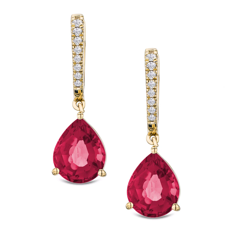 Astra 6.80ct Lab Ruby and Diamond Drop Pear Cut Earrings in 18K Gold Vermeil