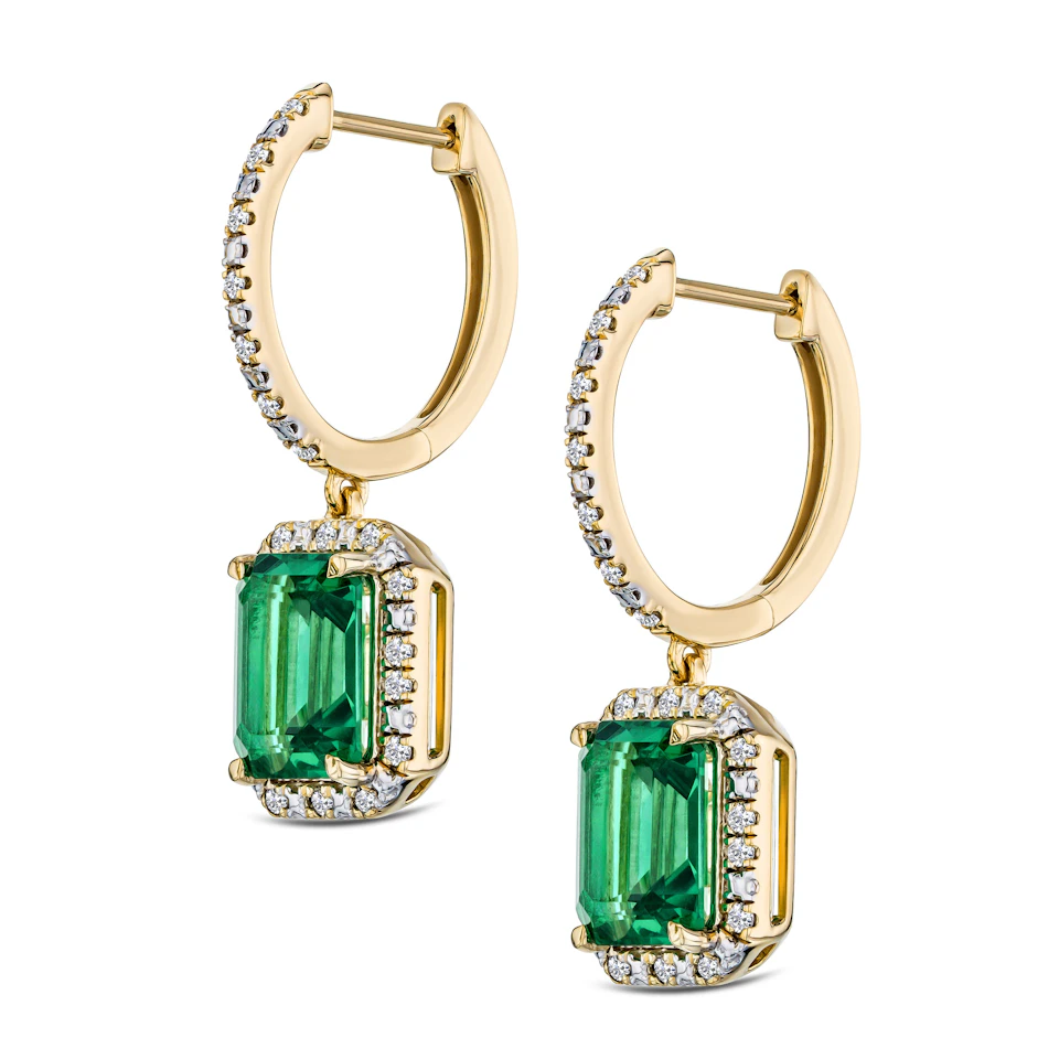 Astra 3.00ct Lab Emerald and Diamond Drop Halo Octagon Cut Earrings in 18K Gold Vermeil