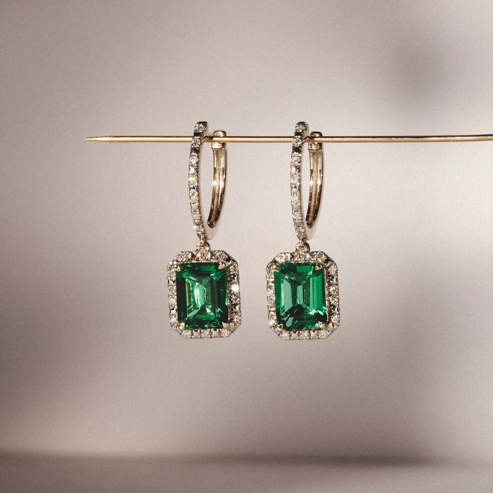 Astra 3.00ct Lab Emerald and Diamond Drop Halo Octagon Cut Earrings in 18K Gold Vermeil
