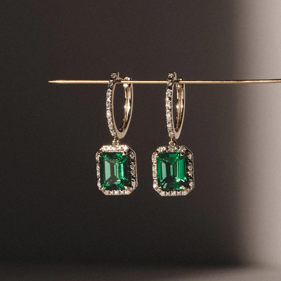 Astra 3.00ct Lab Emerald and Diamond Drop Halo Octagon Cut Earrings in 18K Gold Vermeil