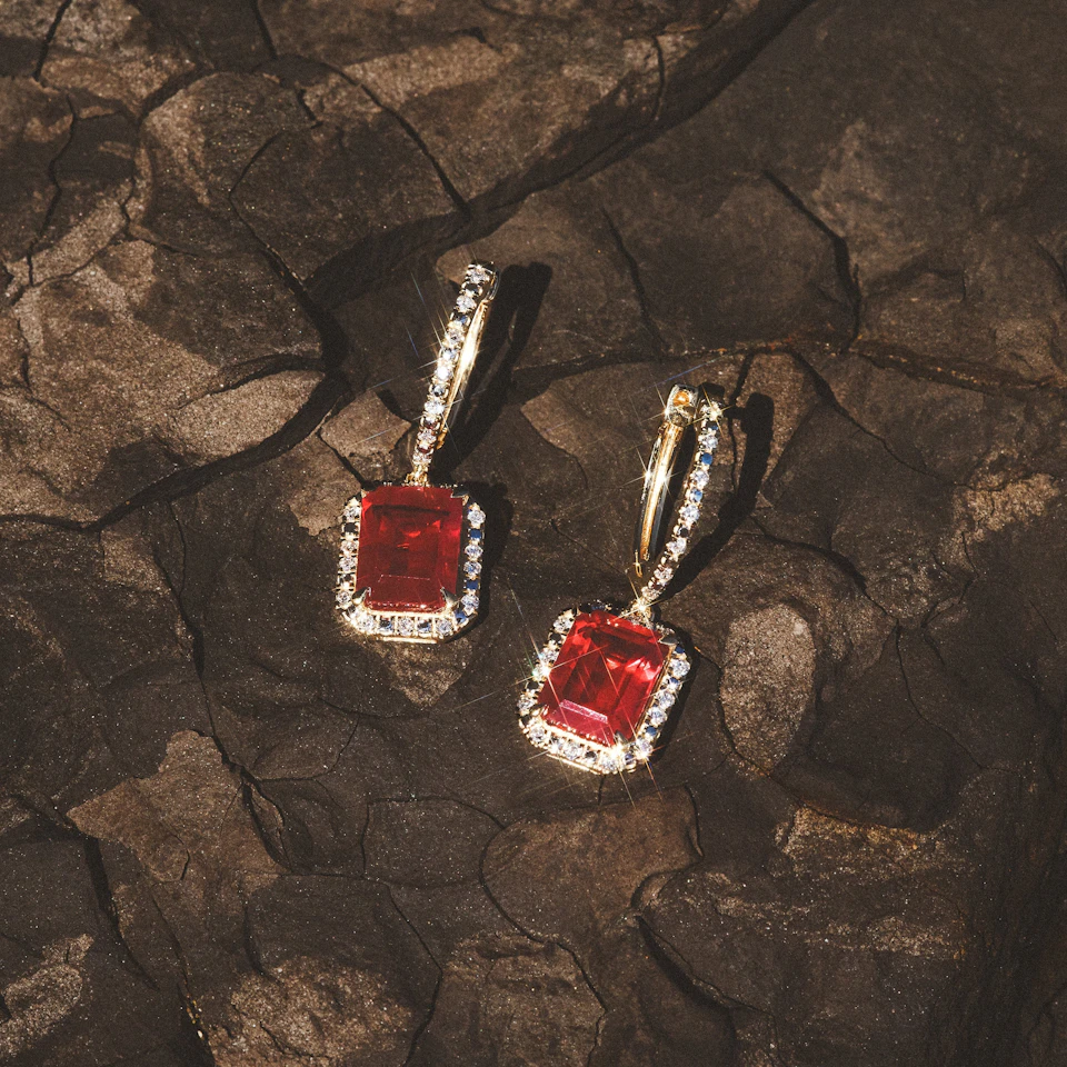 Astra 3.50ct Lab Ruby and Diamond Drop Halo Octagon Cut Earrings in 18K Gold Vermeil