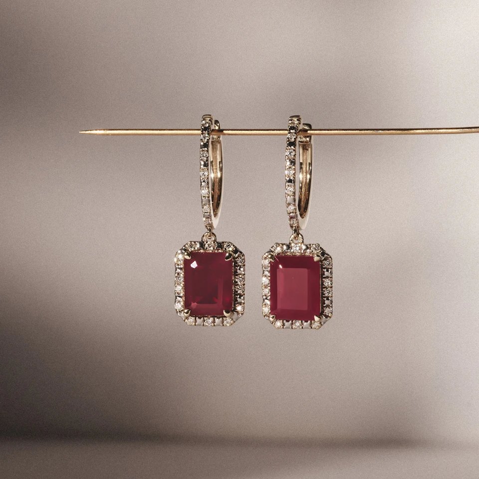 Astra 3.50ct Lab Ruby and Diamond Drop Halo Octagon Cut Earrings in 18K Gold Vermeil