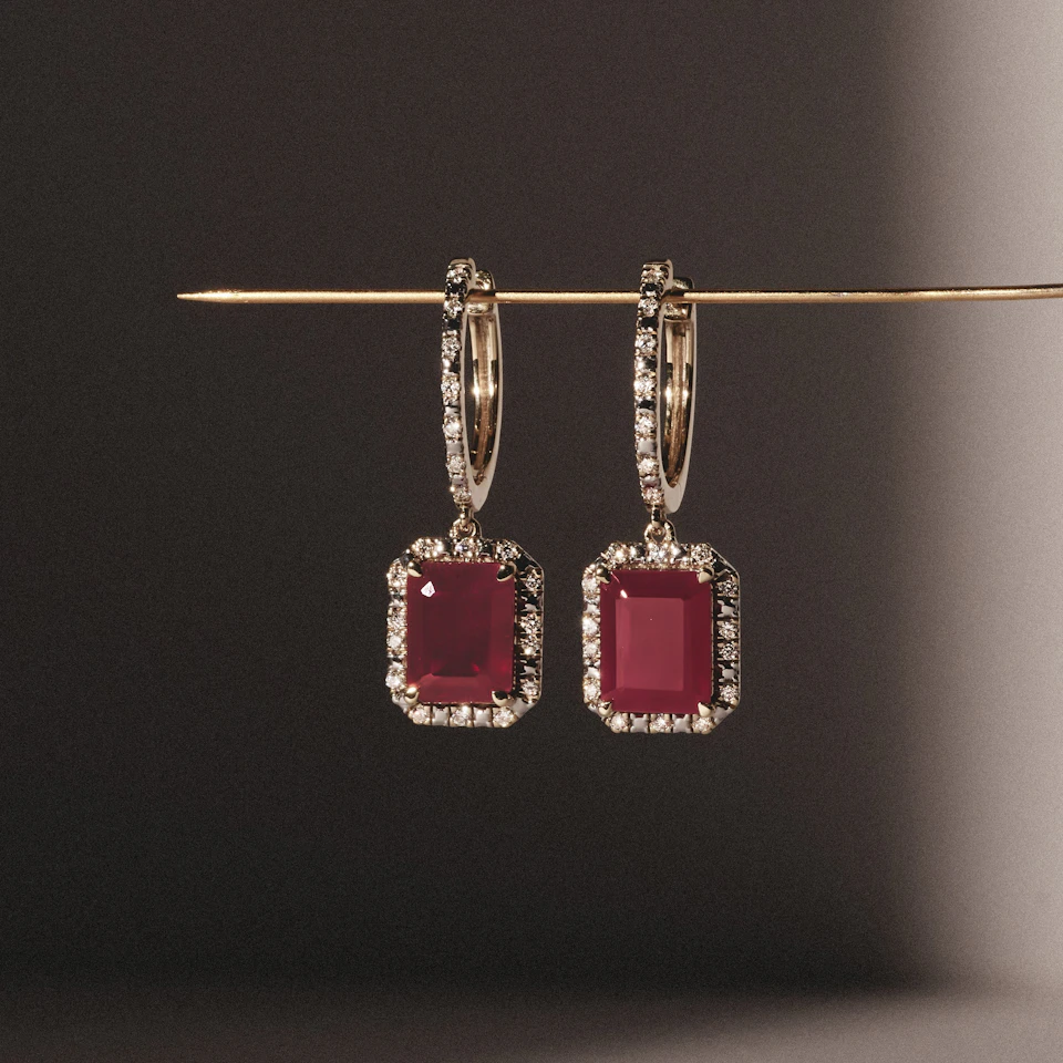 Astra 3.50ct Lab Ruby and Diamond Drop Halo Octagon Cut Earrings in 18K Gold Vermeil