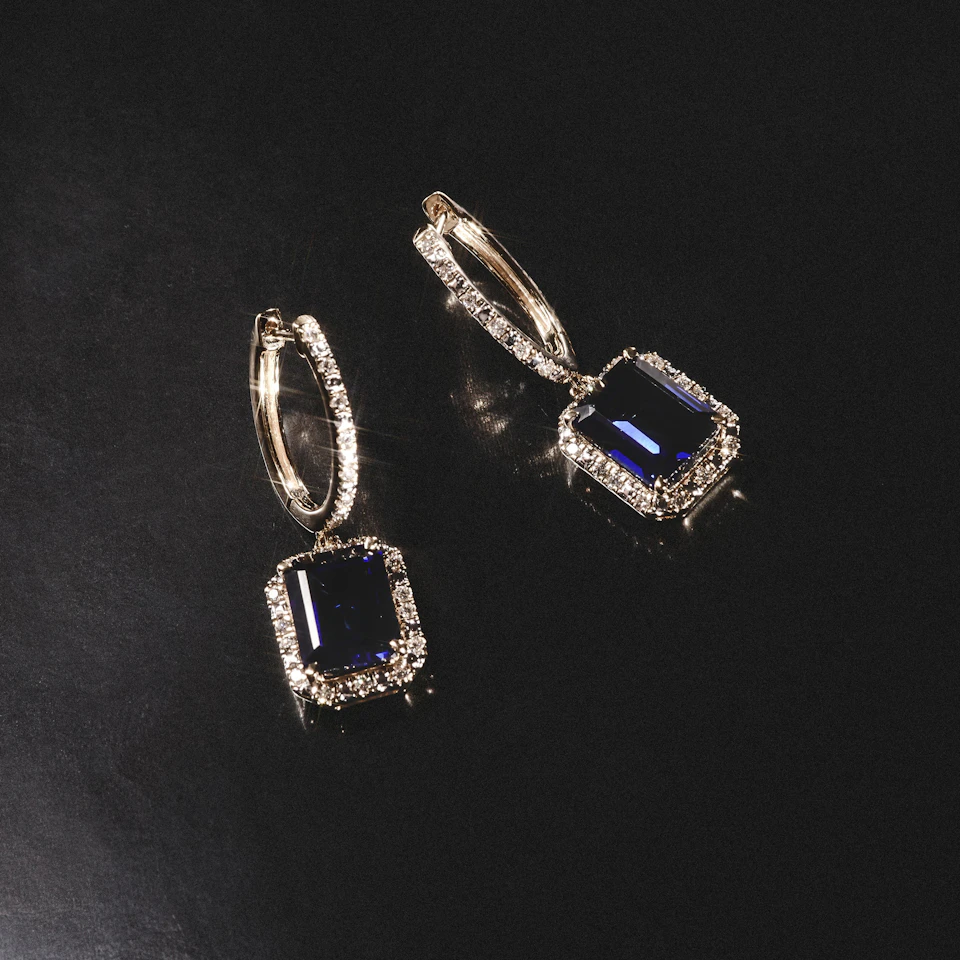 Astra 4.00ct Lab Sapphire and Diamond Drop Halo Octagon Cut Earrings in 18K Gold Vermeil