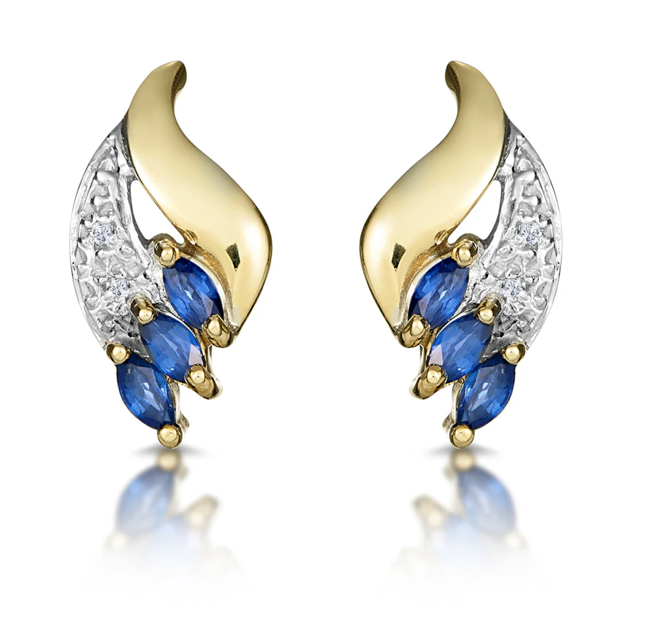 Sapphire 4mm x 2mm And Diamond 9K Yellow Gold Earrings