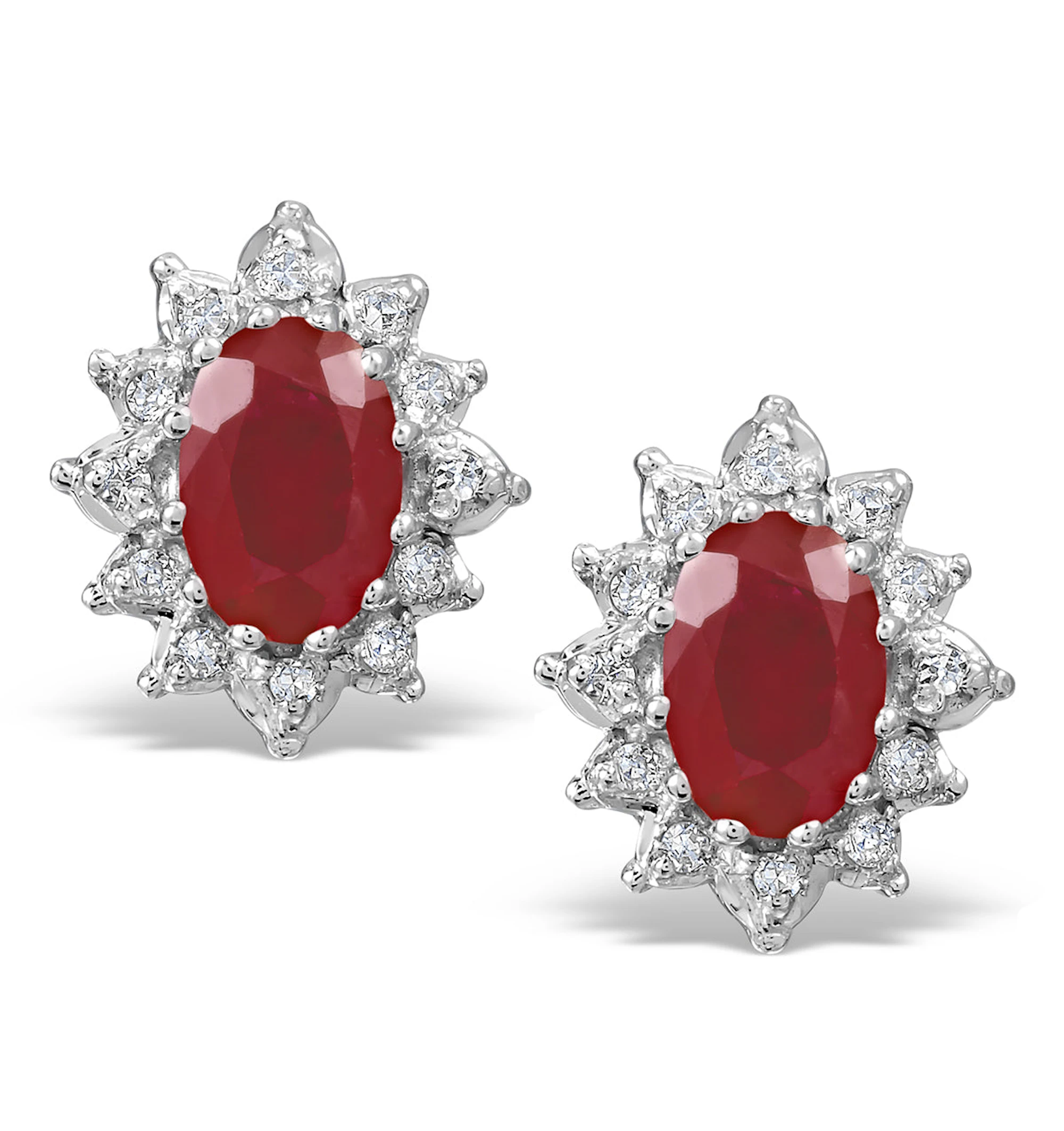 Ruby 6 x 4mm And Diamond Cluster 9K Yellow Gold Earrings