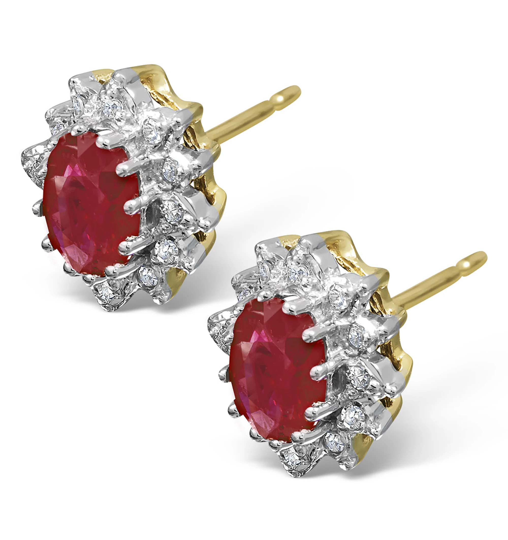 Ruby 6 x 4mm And Diamond Cluster 9K Yellow Gold Earrings