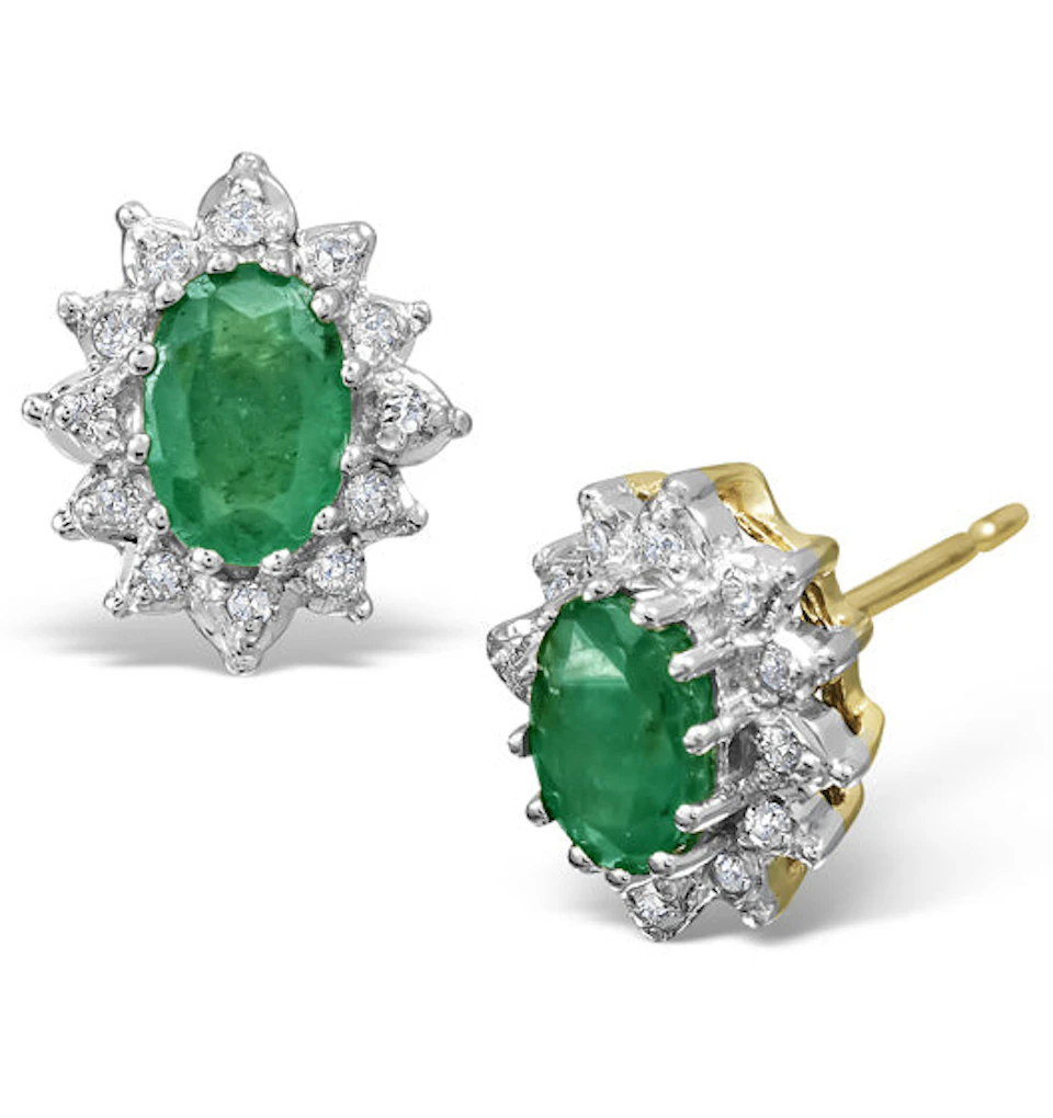 Emerald 6 x 4mm And Diamond Cluster 9K Yellow Gold Earrings B3689