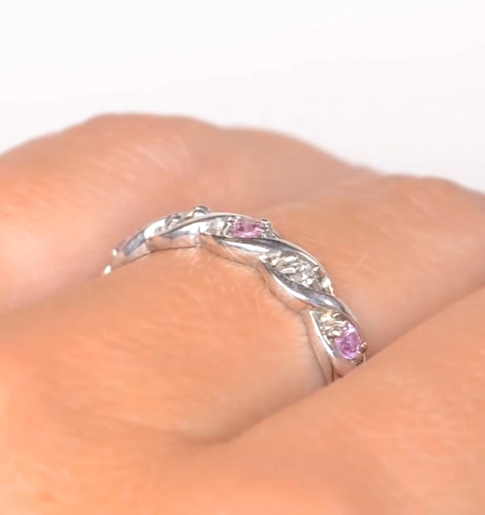 Pink Sapphire And 0.08CT Diamond Ring 9K White Gold