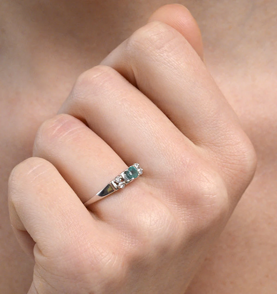 Emerald 3.75mm And Diamond 9K White Gold Ring
