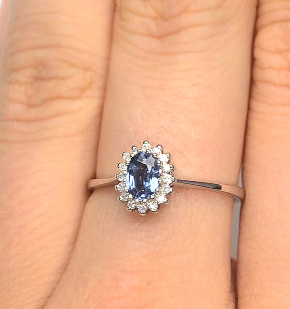 Sapphire 6 x 4mm And Diamond 9K White Gold Ring A3906