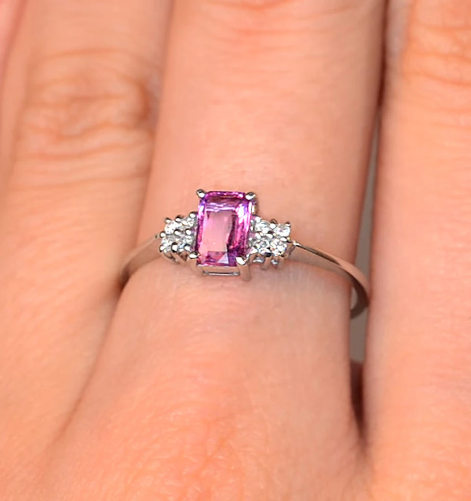 9K White Gold Diamond Pink Sapphire Ring 0.06ct