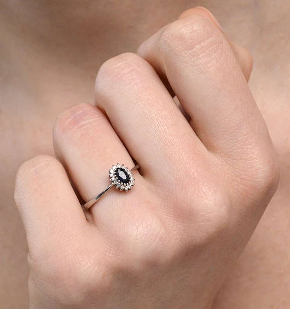 Sapphire 5 x 3mm And Diamond 9K White Gold Ring A4432