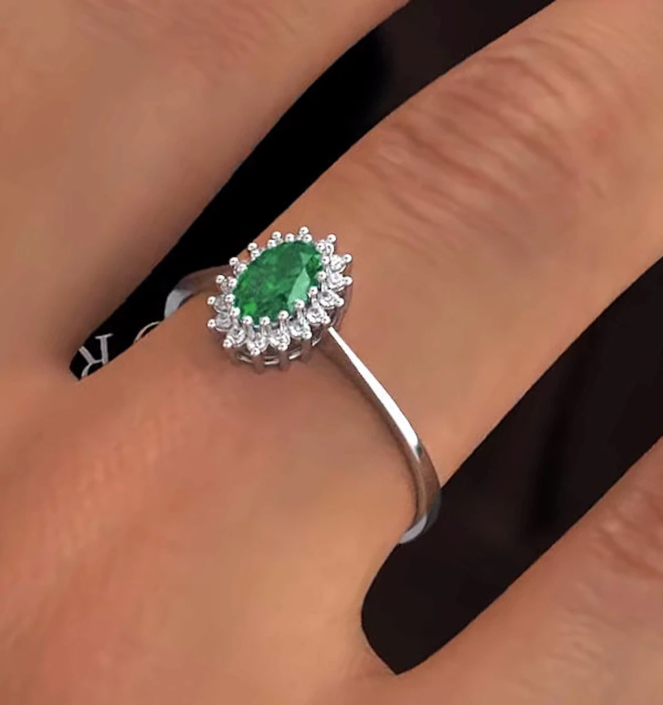Emerald 6 x 4mm And Diamond 9K White Gold Ring Item A4434