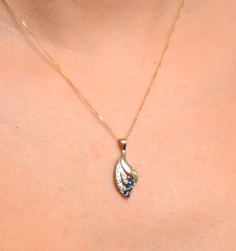 Sapphire 4 x 2mm And Diamond 9K Yellow Gold Pendant Necklace