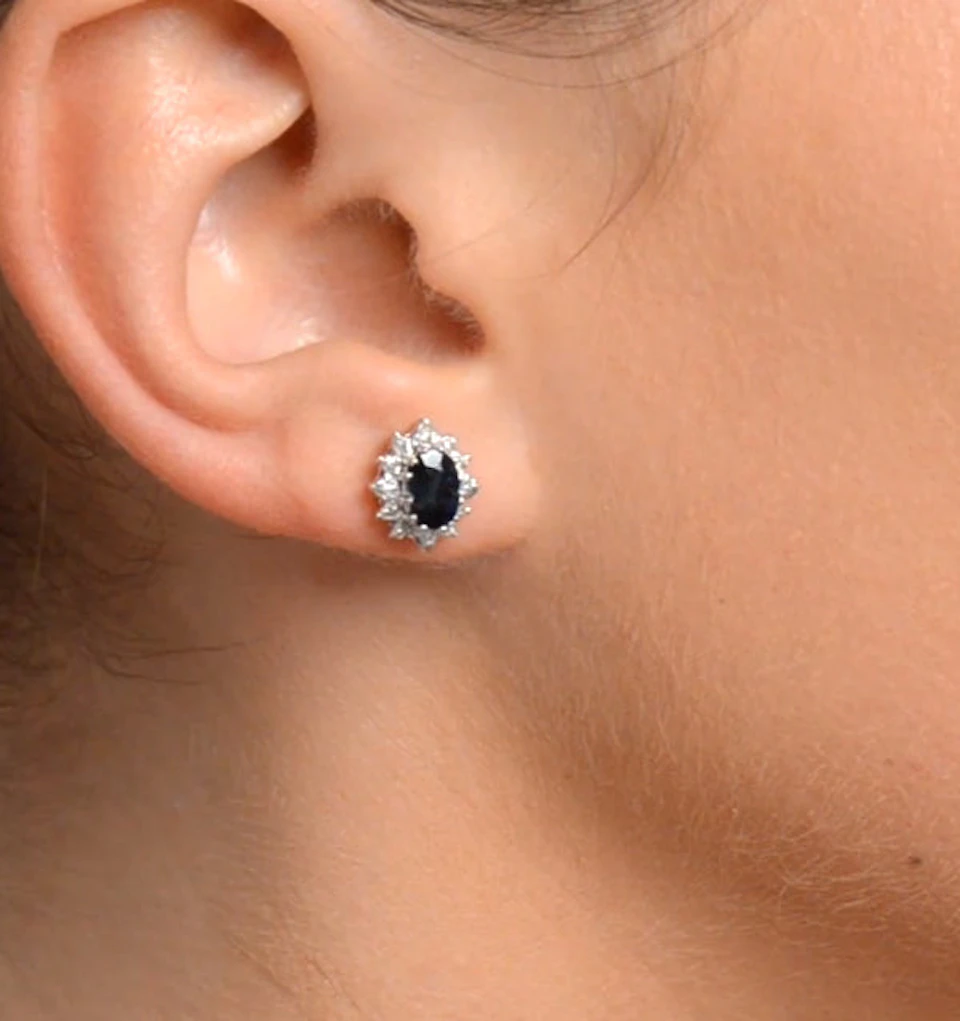Sapphire 6mm x 4mm And Diamond Cluster 9K Yellow Gold Earrings