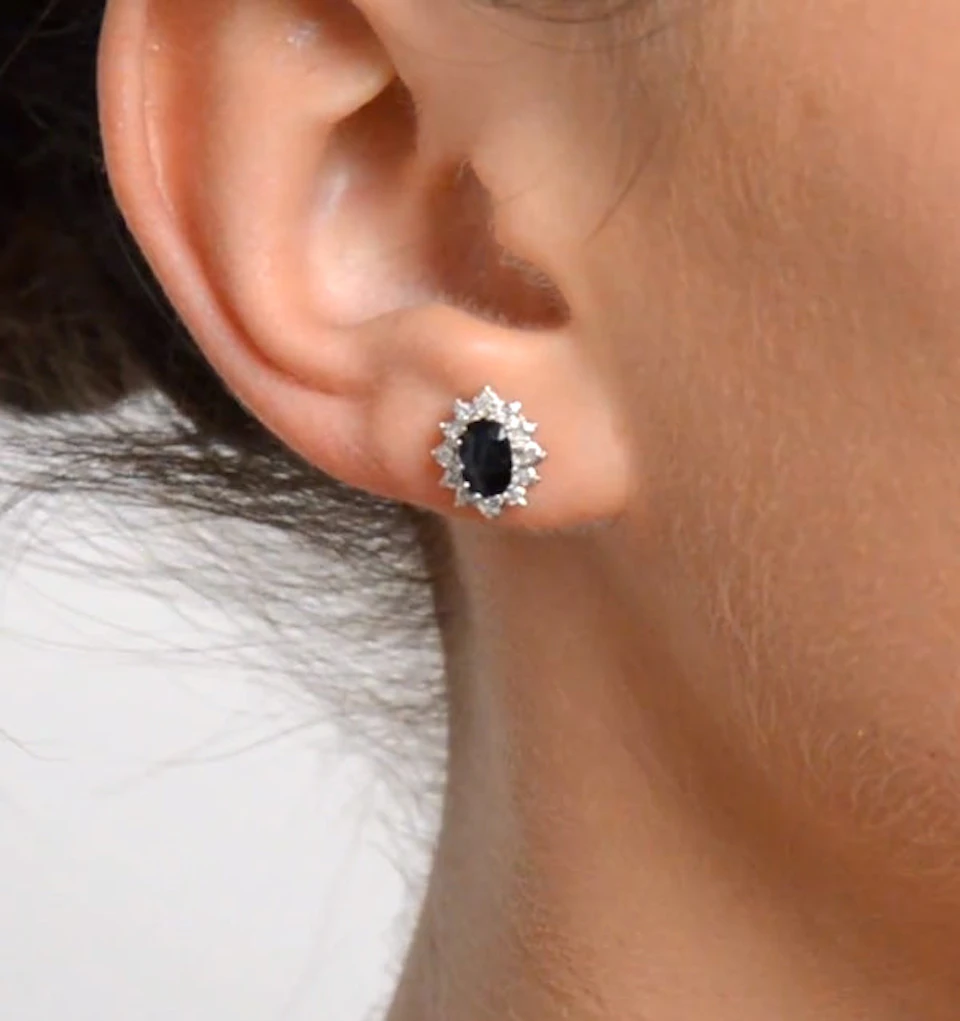 Sapphire 6mm x 4mm And Diamond Cluster 9K Yellow Gold Earrings